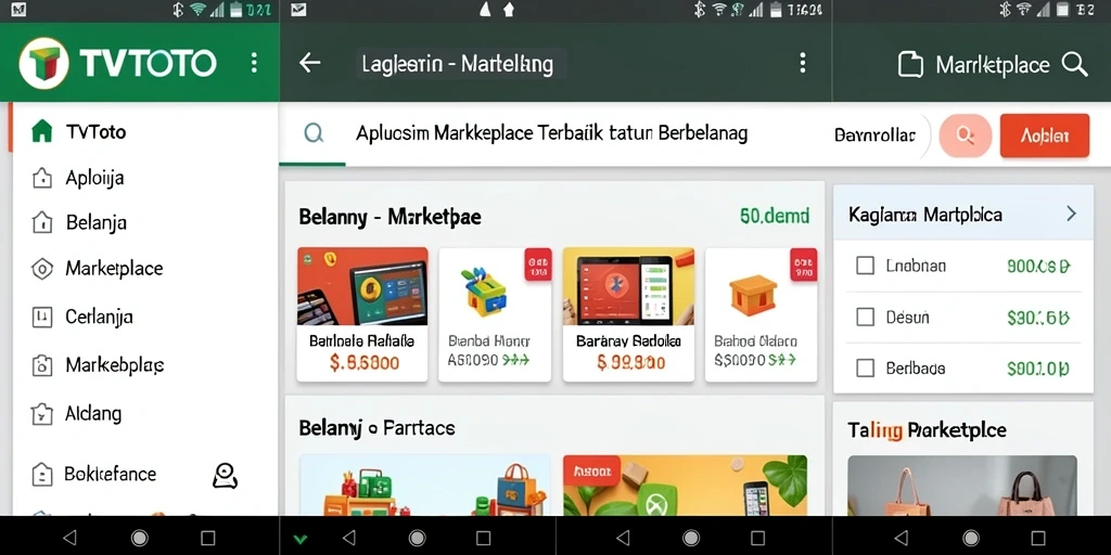 Screenshot aplikasi TVTOTO menampilkan fungsi Marketplace yang ramah pengguna.